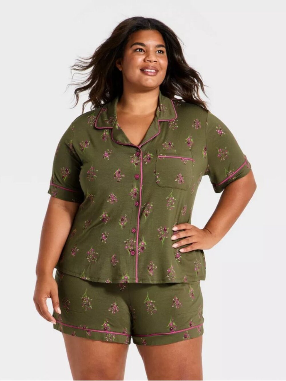 Modal Short Sleeve Notch Collar Top and Shorts Pajama Set - Auden Olive Green M